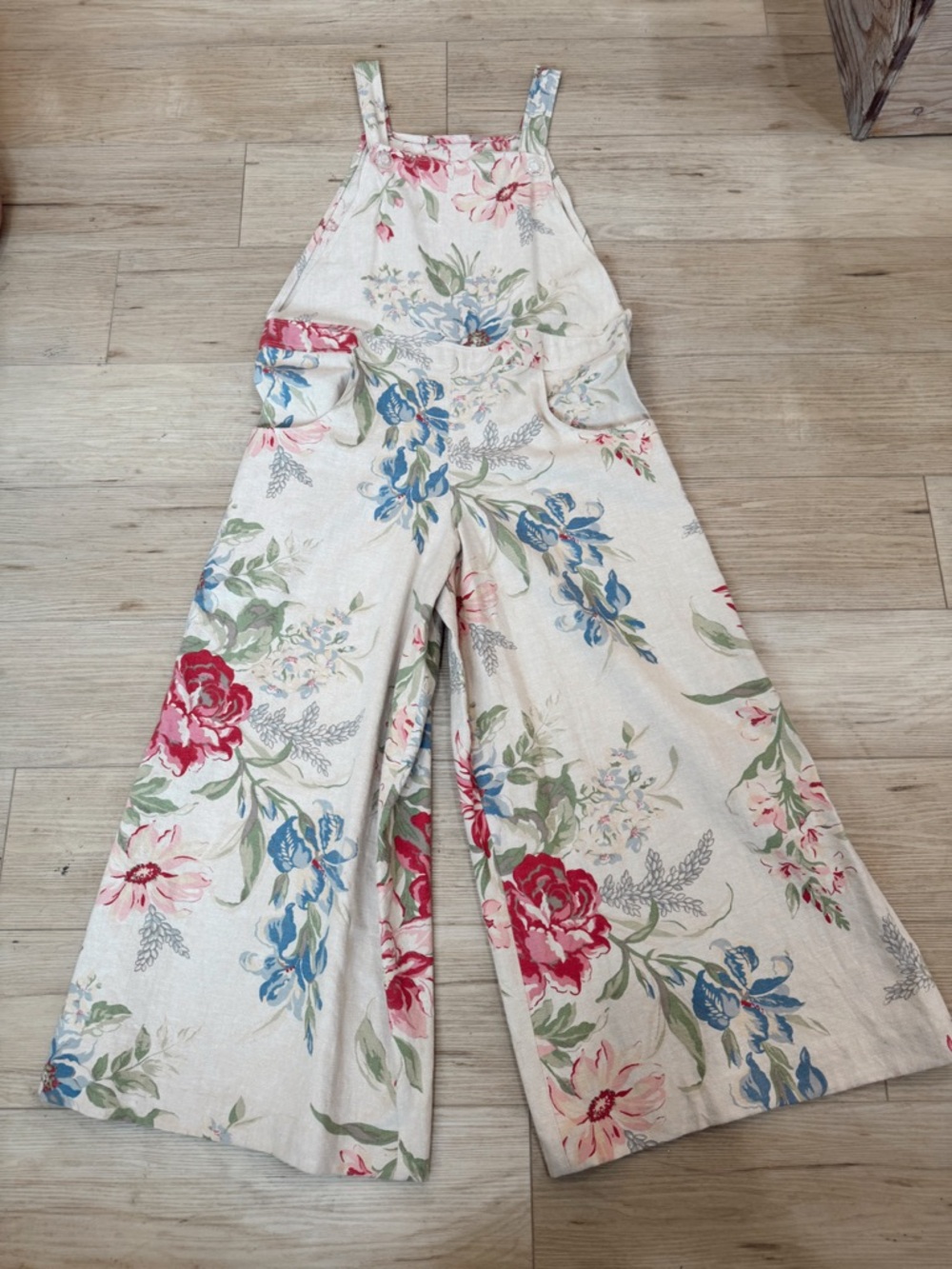 Handmade Floral Wide-Leg Jumpsuit - Cream with Floral Print and Vintage Buttons